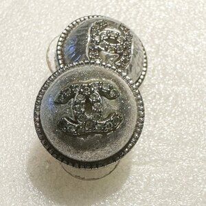 Vintage Chanel Silvertone Rhinestone Dome Shaped Double CC Pierced Earrings